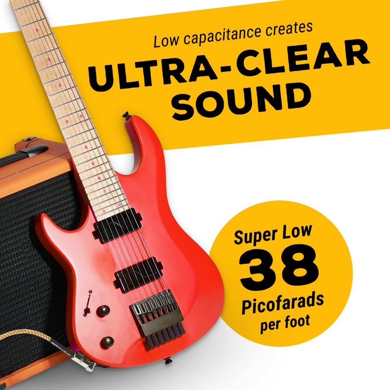 GLS Audio Instrument Cable - Amp Cord for Bass & Electric Guitar - Straight to Right Angle 1/4 Inch - Brown/Yellow Braided Tweed - 6ft Electric Guitar Cable - Image 5